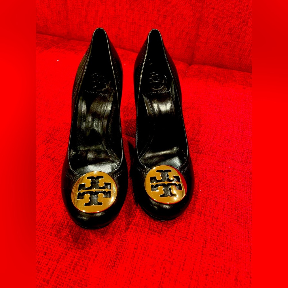 Tory Burch black leather wedges.  Size 7, 3.5 inch wedge.  Never worn, no tags.